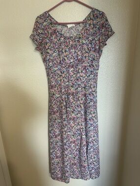 Floral Pink Blue Short-Sleeve Midi Dress